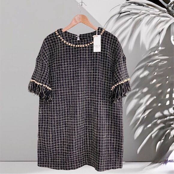 NWT VICI Marleen Tweed Pom Pom Tunic Dress Short Sleeves Side Pockets - Picture 8 of 14